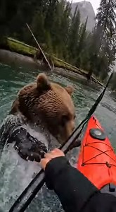 A close-up, first-person view from a kayak shows a massive brown bear swimming toward the paddler in a fast-moving, clear river surrounded by snow-dusted mountains. The bear lunges and snaps its jaws, getting extremely close to the kayak before the paddler manages to paddle away from the aggressive animal. This video and story is generated by AI for entertainment. Generated using Sora 2. | Chris & Che Media