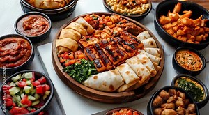 Traditional Middle Eastern food Assorted Mezze. A wooden platter with grilled skewers, tabbouleh, hummus, flatbreads, and surrounding bowls of sauces, vegetables, and sides.