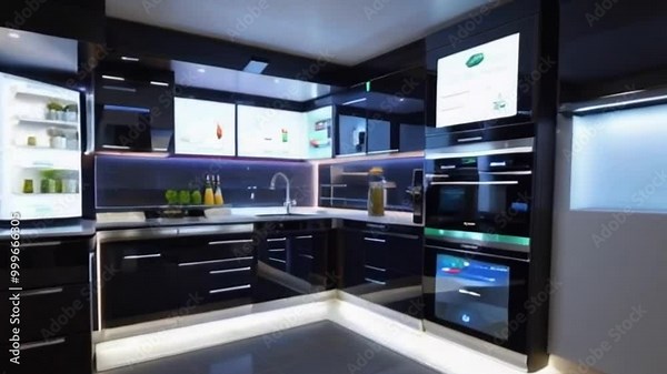 Futuristic Smart Kitchen Animation: Touchscreen Appliances, Voice Activation, & Automated Storage Solutions | 4K Ultra HD Loop. modern kitchen in the kitchen