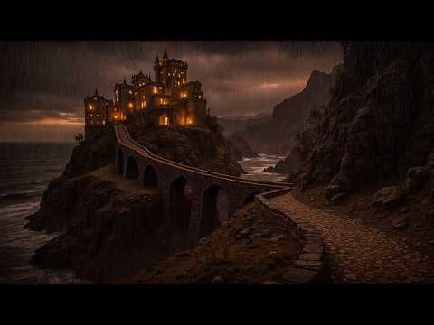 Rainy Seaside Castle at Night | Coastal Dark Academia with Ocean Wave Sounds for Reading and Writing