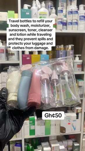 Travel bottles to refill your body wash, moisturizer, sunscreen, toner, cleanser and lotion while traveling and they prevent spills and protects your luggage and clothes from damage. Available, kindly call or Whatsapp 0241953380 to order and for delivery. #beautyraycosmetic #healthyskincare #travelbottle