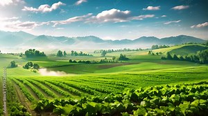 Landscape of chinese cabbage field with blue sky and mountain background, Panoramic photo of a beautiful agricultural view with pepper and leek plantations