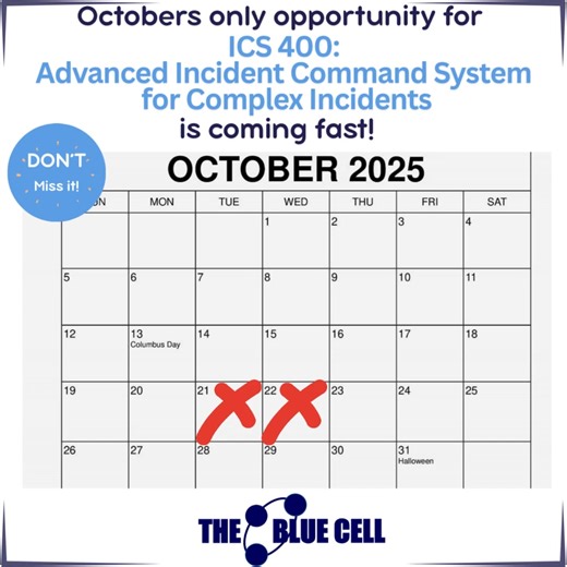 Octobers only opportunity for ICS 400 is coming fast! If you have not purchased your seat in our ICS 400: Advanced Incident Command System for Command and General Staff-Complex Incidents - Virtual Instructor Led Training scheduled for October 21st-22nd now is the time. If you miss this course you will have to wait until November for the next weekday or December for the next weekend course. https://thenimsstore.com/ #TheBlueCell #virtualtraining #FireService #LawEnforcement #PublicHealth #Emergen