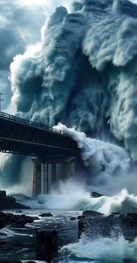 a massive towering wave crashing into a bridge.