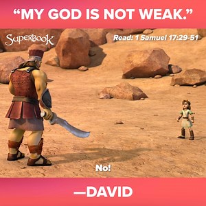 David knew that God was bigger than the giant in front of him. With the strength and confidence he has from God, he defeated Goliath. 🙌🏾💪🏾🙏🏾 | Superbook