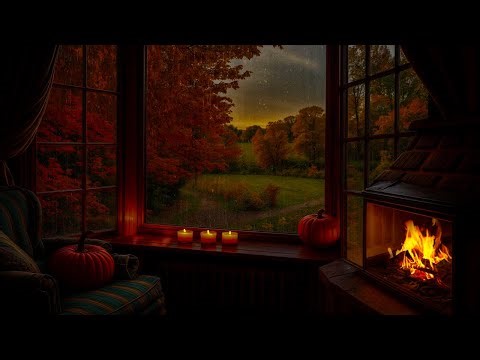 For TV | Cozy Fall Window Ambience 🕯️ Fireplace & Autumn Rain Sounds for Study, Focus & Relaxation
