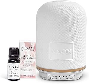 NEOM – Wellbeing Pod Essential Oil Diffuser & Complete Bliss Oil Blend (0.33 fl oz) Ultrasonic Aroma with Ceramic Cover, LED Light & Timer