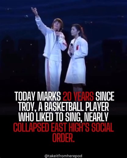 Thanks, I’ll Take it From Here on Instagram: "Today marks 20 years since Troy Bolton realized he liked to sing just as much as he loved throwing a ball in a hoop. One awkward karaoke moment later, East High’s entire social order was nearly collapsed. High School Musical really said a basketball player having range was a threat to society. Follow @takeitfromherepod for more TV and movie clips, breakdowns, commentary, and memes. #HighSchoolMusical #TroyBolton #hsm #DisneyChannel #zacefron"