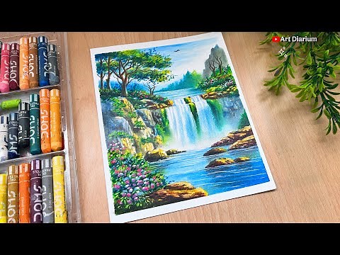 Beautiful Waterfall Landscape Drawing | Oil Pastel Scenery Step by Step | Art Diarium