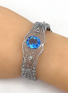 Art Deco Aluminum Hinged Bracelet Open Work Silver Filigree Blue Crystal Rhodium Plated Bangle - Etsy
