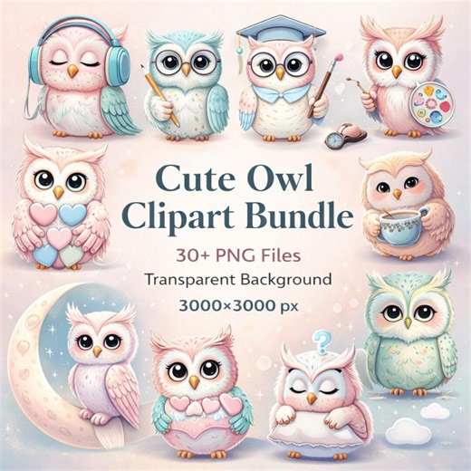 Kawaii Owl Clipart Bundle, 30  Pastel PNG Graphics, Commercial Use (instant Download) - Etsy