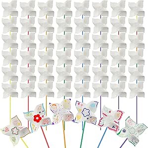 Poen 48 Pcs DIY Pinwheels Paper Craft Bulk Color Your Own White Pinwheels Summer Activity Arts July 4 Patriotic Memorial Day Craft Blank Windmills Party Favor Supplies, 5 Inches