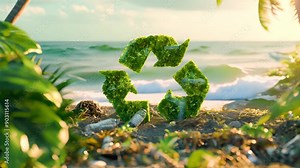 Green recycle symbol or eco sign with garbage waste on the beach and tropical sea background, sustainability and protect environment concept Stock Video