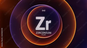 Zirconium as Element 40 of the Periodic Table. Concept animation on abstract blue orange gradient rings seamless loop background. Title design for science content and infographic showcase backdrop.