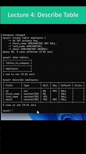 MySQL Course Shorts | Lecture 4: Describe Database Table #mysql