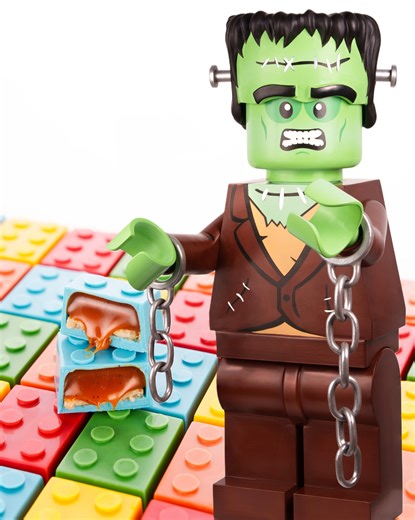 5.5M views · 158K reactions | This year’s Halloween creation is a fully edible Frankenstein Lego figure entirely crafted from chocolate. He’s carrying a hollow Lego pumpkin filled with colourful building blocks, each hiding a pumpkin vanilla caramel and a crunchy pumpkin layer inside. Are you ready to go trick-or-treating with him?  #amauryguichon #chocolate #lego | Amaury Guichon | Facebook