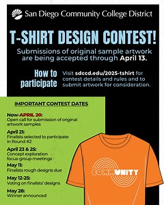 CALLING ALL STUDENT DESIGNERS We’re gearing up for Pride and need YOUR creativity! Design the official Pride Parade T-shirt for San Diego Community College District. The deadline to enter has been EXTENDED to April 20! That means more time to bring your boldest, brightest, and most inclusive designs to life! Contest rules and details at sdccd.edu/2025-tshirt | San Diego Community College District | Facebook