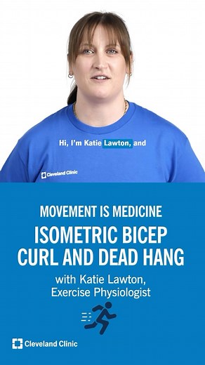 2.2K views · 50 reactions | Learn how to do a bicep curl and a dead hang from exercise physiologist Katie Lawton, MEd. Dead hangs: Hang from a pull-up bar without pulling yourself up or lowering yourself down. Isometric bicep curls: Hold a dumbbell in each hand. Curl the weights up toward your shoulders, but stop halfway with your elbows bent at 90 degrees and hold there. | Cleveland Clinic | Facebook