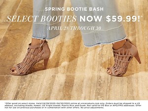 Spring bootie bash! Select booties are now $59.99 through April 30 at vincecamuto.com. #shopnow #springshoes https://goo.gl/EVZNLZ | Vince Camuto