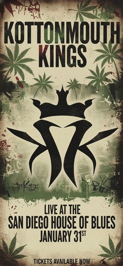 San Diego… we’re coming back home. 🌊 January 31 at House of Blues San Diego New music. New era. Heavy vibes. We’re bringing exclusive merch you can only get at the show and reconnecting with all the Kings & Queens who’ve held us down through every chapter. This one’s about energy, legacy, and what’s next. San Diego always shows love — let’s make it one to remember. 👑🔥 | Kottonmouth Kings