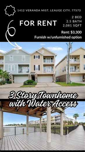 This beautiful 3-story furnished luxury townhome is move-in ready! It also has an unfurnished option. It is a corner unit with a private elevator, water views, 4 balconies, drive-through 4 car garage, fenced backyard with covered patio, and has controlled access! Call today to schedule your private showing. #christinabolesrealestate #KellerWilliamsClearLake #leaguecitytx #leaselisting #waterviewhomes