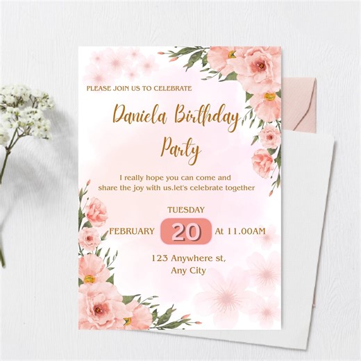 Floral Birthday Invitation Template | Editable Pink Flower Birthday Party Invite | Canva Birthday Invitation | Digital Download Birthdaycard - Etsy