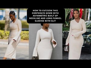 HOW TO CUT AND SEW A TRENDY CORPORATE DRESS WITH ASYMMETRIC BUILT UP NECKLINE & LONG FUNNEL SLEEVES