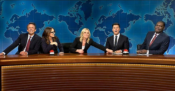 Weekend Update Anchors Have Epic Reunion ‘Joke-Off’ With Amy Poehler Tina Fey And Seth Meyers