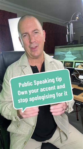 Public speaking tip stop apologising for your accent because it signals to the audience a lack of confidence in your own self. Your accent is what makes you you. It makes you human and most people love accents. Stop treating it like a flaw, stop apologising for it and start owning it ##presentationskills##publicspeakingcoach##communicationtips##publicspeakingtips##publicspeaking