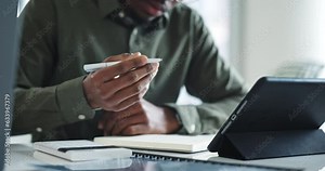 Tablet, hands and accountant bookkeeping in office, budget and tax savings. Technology, auditor and person at desk for research, financial planning and business, investment and scroll on internet app