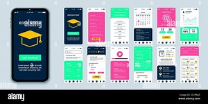 Education mobile app screens set for web templates. Pack of student login, calendar, video lessons, statistics of progress and other mockups. UI, UX, GUI user interface kit for layouts. Vector design Stock Vector Image & Art - Alamy