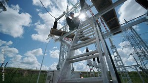 Construction of a transformer substation. Electrical engineer control wiring electric power on steel tower, Electric construction and maintenance services throughout, Electric Power