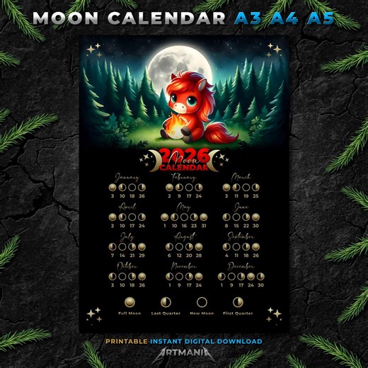 A3 A4 A5 Moon Phase Calendar 2026 Printable Digital Lunar Cycle Download Watercolor Wall Planner Celestial Zodiac Red Fire Horse Art Print - Etsy