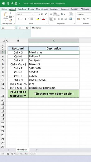 Découvre 10 raccourcis Excel pour mettre en forme tes valeurs sans toucher à ta souris 👇 Ctrl G : met le texte en gras Ctrl I : met le texte en italique Ctrl U : souligne le texte Ctrl Maj ( : barre du texte Ctrl R : applique le format standard Ctrl ! : applique le format numérique Ctrl J : applique le format date Ctrl Q : applique le format horaire Ctrl Maj % : applique le format pourcentage Ctrl Maj & : ouvre la fenêtre « format de cellule » Et si tu veux connaitre encore de raccourcis : 🔗 C