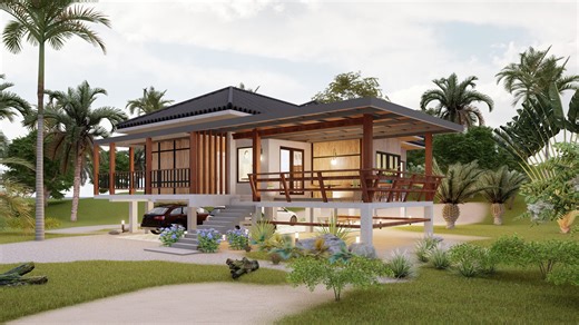 Simple House Design - 3 Bedroom Bahay Kubo Bungalow 14x17M Elevated House #Bahaygoals #BahayKubo #simplehousedesign | Barrio Architect