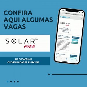 12 reactions · 3 comments | Solar Coca-Cola está contratando Profissionais com Deficiência. Confira algumas vagas que estão na plataforma: Estoquista Maracanaú - CE Promotor de Vendas Aracaju - SE Auxiliar de Expedição Simões Filho - BA Inscrição e mais informações https://www.oportunidadesespeciais.com.br/solarcocacola/ | Oportunidades Especiais | Facebook