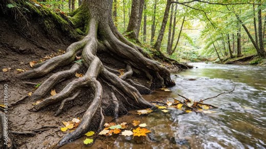 exposed tree roots by river. Giant tree roots exposed along a riverbank, twisting and interlocking as they grip the eroded soil beside flowing water.