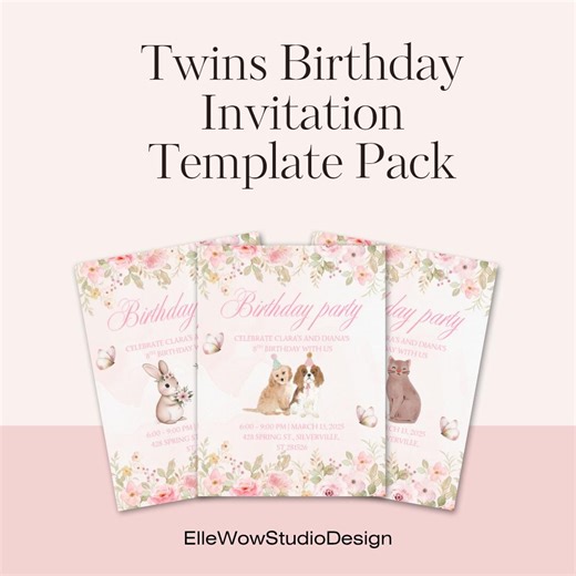 Twins Birthday Invitation Template Pack | Pink Floral Animal Party Invite (editable, Digital Download) - Etsy