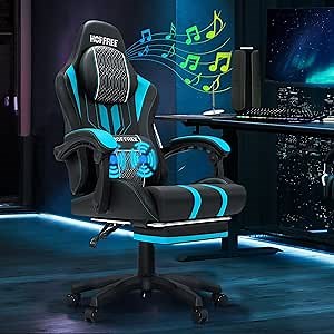 HOFFREE Gaming Chair with Speakers Massage Big and Tall Gaming Chairs with Footrest and Bluetooth for Adults 400lbs Reclining High Back Computer Desk Chair Blue and Black