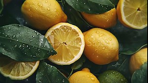 Close up of fresh lemons fruit background with leaves, top view. Photorealistic high resolution macro photography for advertising or food design.