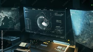 Spy Satellite Surveillance Network System Scans Digital Planet Map. Futuristic Spy Network Interface Scanning UK Territory On Planet. Advanced Spy Network Analyzes Location On Planet Earth Surface