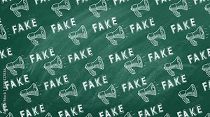 Pattern from megaphone icons and lettering FAKE drawn in chalk on a greenboard. Concept of announce, media, information and disinformation. Fake news. Seamless loop video.