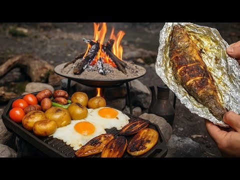 Making breakfast and Wild-cooked fish with sand! 🔥