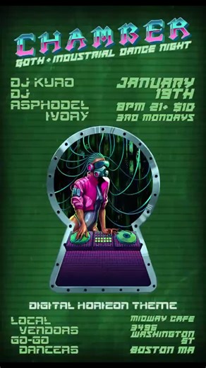 CHAMBER on Instagram: "CHAMBER Boston's Monthly Goth + Industrial Dance Night January 19th. . . Third Mondays // 8PM - 1AM // 21+ > execute initiative theme: DIGITAL HORIZON Within the CHAMBER before you. . . lies POTENTIAL. Technology fuses with biology in this dystopian retrofuture. High-tech lowlifes surf the tastiest waves the internet's grid can code. . . > Resident DJ Kuro plugs your mind into the virtual present. . . > Special guest DJ Asphodel Ivory uploads our primary program directives