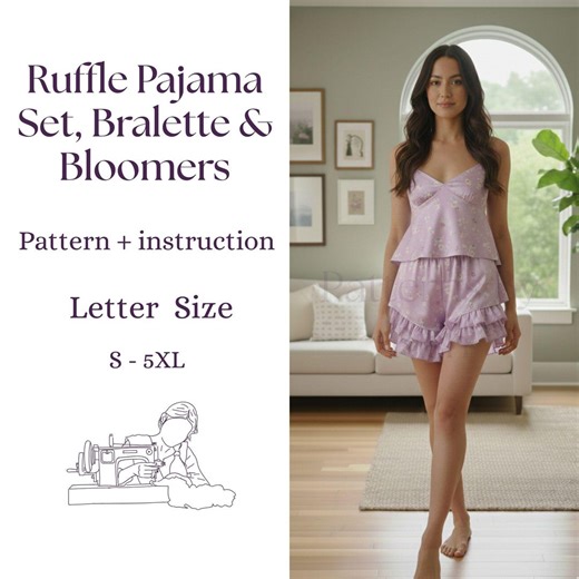 Floral Ruffle Cami Pajama Set Sewing Pattern | Bralette & Bloomers (PDF Download) - Etsy