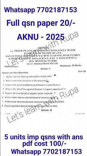 Supervised machine learning previous qsn paper #adikavinannayauniversity #bsc data science pdf 2025