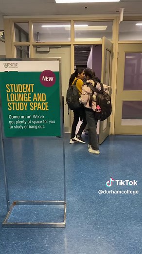 Have you heard the news? There's a new student lounge and study space on campus! It's located in H231 in the Gordon Willey building at the Oshawa campus. #StudentLife #OntarioCollege #CollegeStudent #DurhamCollege [Video: A sign reads