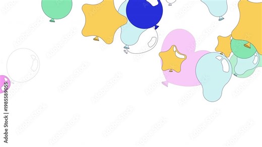 Party balloons falling down top border video overlay. Star baloons. Animated upper edge frame with cascading elements. Motion graphics with transparent copy space. Decoration seamless animation