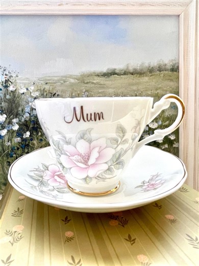 English Bone China Teacup & Saucer - Pink Rose Floral, "mum" - Made in England - Etsy
