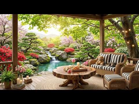 Garden Reading Morning Ambience | Healing Music, Waterfall & Bird Sounds for Anxiety Relief